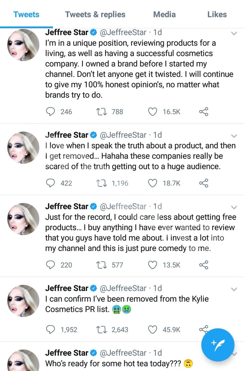 Jeffree Star가 PR 목록에서 삭제 된 후 Kylie Jenner를 불러